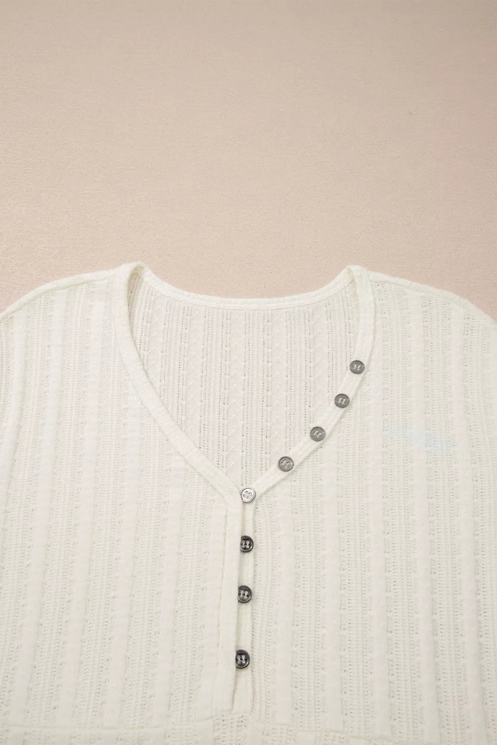 Ribbed Knit Button Detail V Neck T Shirt