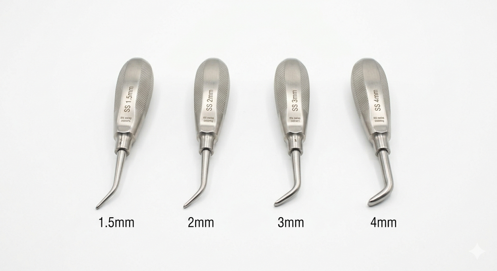Dental Elevator Set of 4 – Inside Bent Tip 1.5mm, 2mm, 3mm, 4mm | Standard Handle