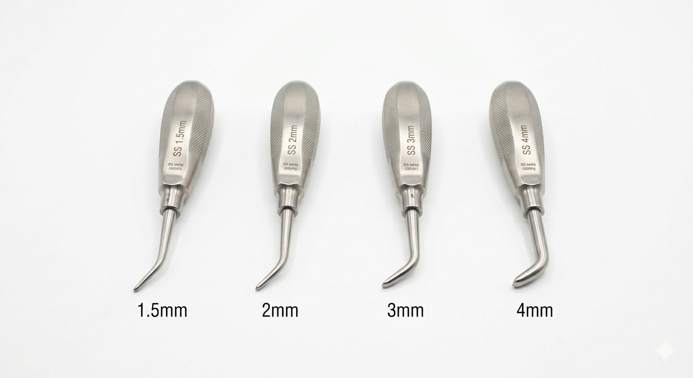 Dental Elevator Set of 4 – Inside Bent Tip 1.5mm, 2mm, 3mm, 4mm | Standard Handle