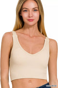 Zenana Seamless Ribbed Cropped Bra Padded V Neck Tank Top