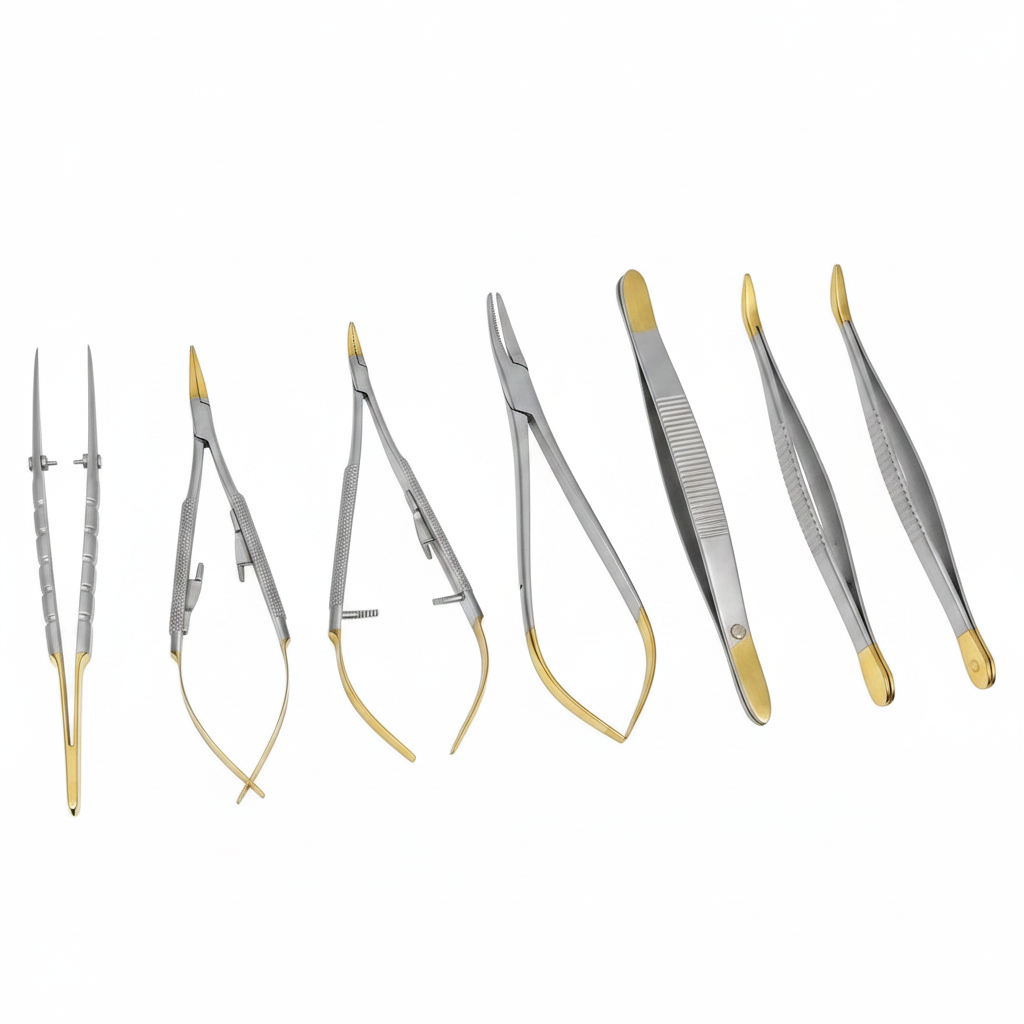 Micro Surgery Needle Holders, Scissors & Forceps Set (Curved)